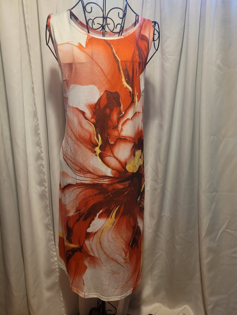 Sleeveless Orange Floral Print Midi Dress
